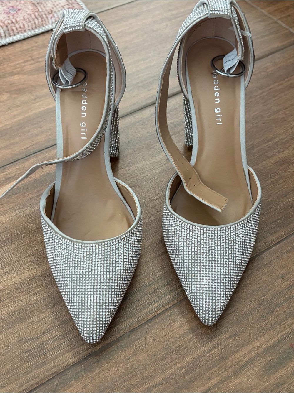 Madden Girl Saaxon Silver Rhinestone Pointed-Toe Ankle-Strap Heels